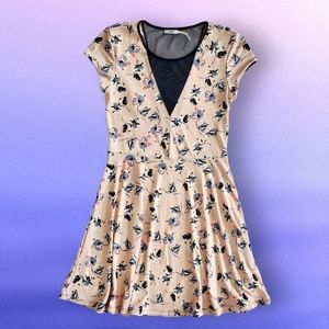 Kimchi Blue Pink Floral Dress With Black Mesh V-neck, Knee Length, Size M